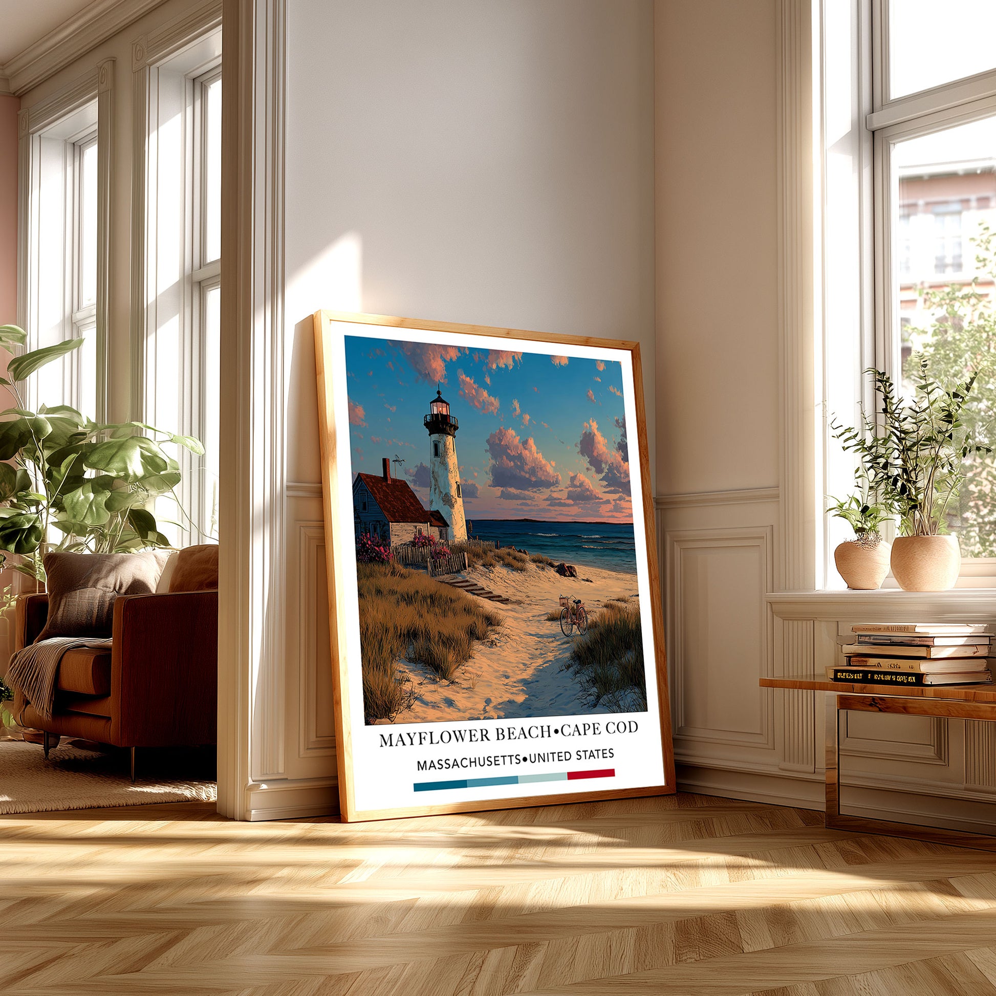 Framed artwork of a lighthouse on a beach in a living room.