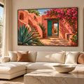Southwestern wall art set featuring Mexican adobe courtyard architecture, turquoise doors, pink bougainvillea and colourful Santa Fe hacienda decor