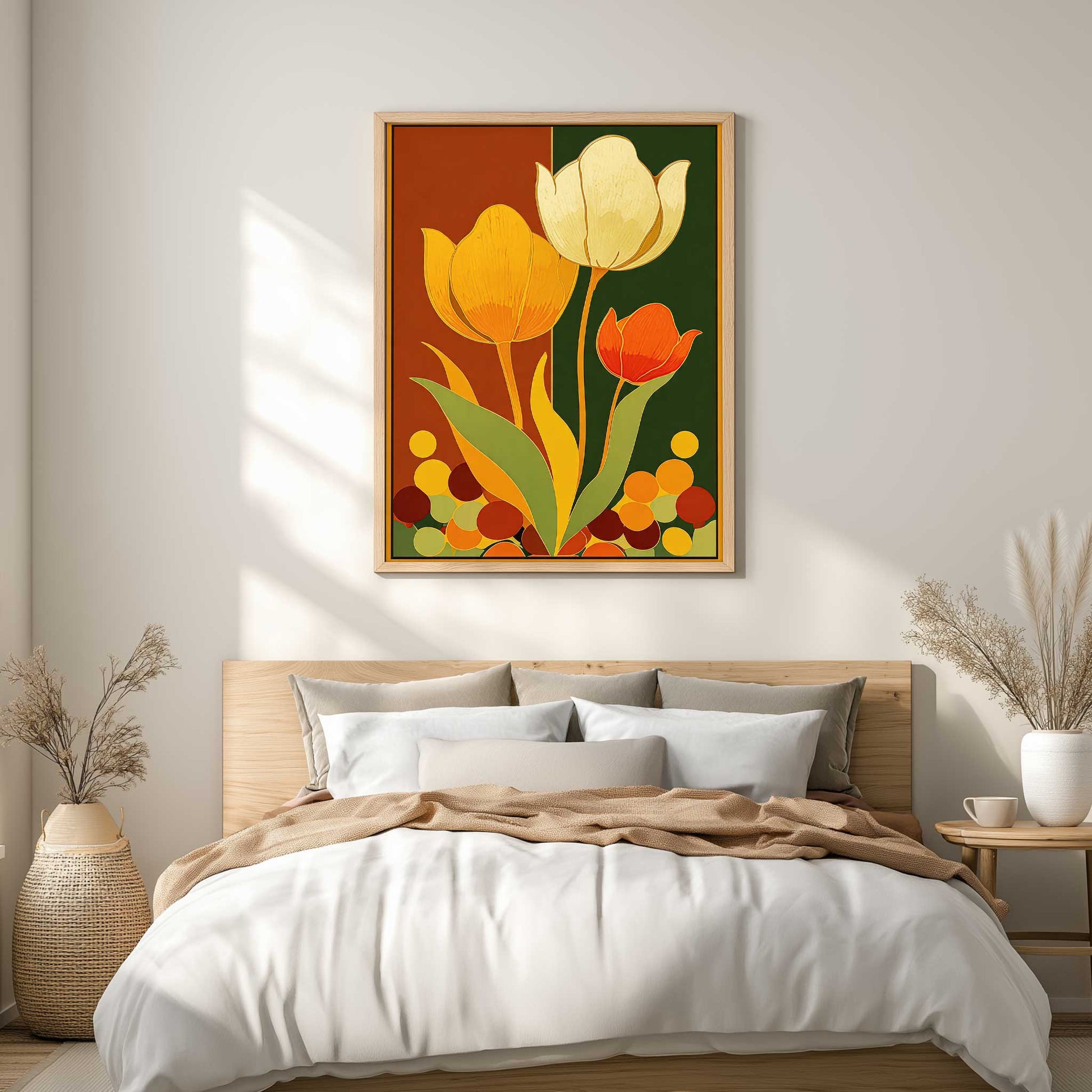 Vintage 1970s style mid century modern graphic art print featuring three stylized tulip flowers in yellow, cream, and orange with long flowing leaves. The backdrop is split vertically into burnt orange-brown and dark green panels, with a cluster of retro multi-colored circles arranged across the bottom border.