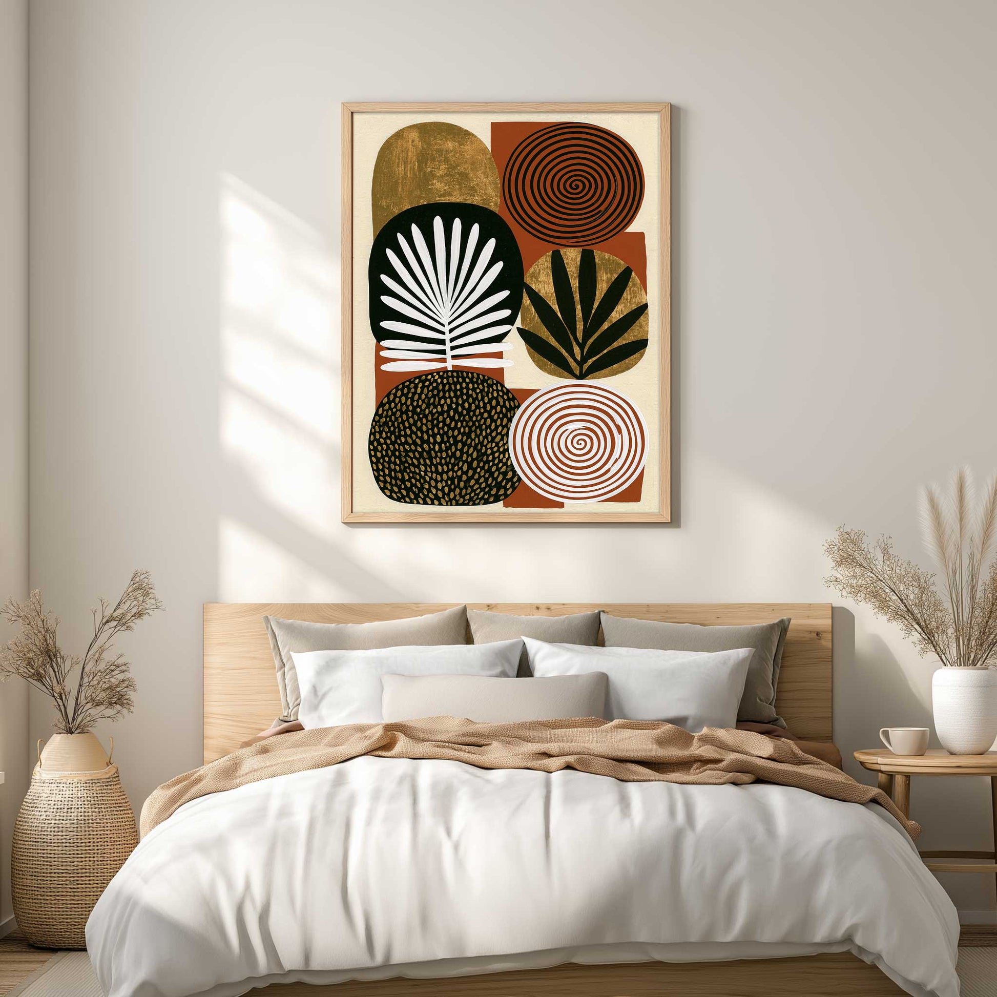 Mid century modern boho abstract art print featuring a grid arrangement of six organic, rounded geometric shapes on a terracotta rust background. Graphic textures include gold foil arches, a black spiral circle, a white concentric spiral, a gold circle with a black leaf sprig, a black oval with a white palm frond, and a dark brown oval covered in gold dots.