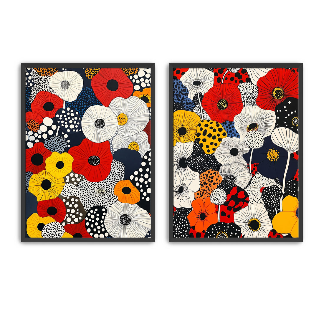 Set of 2 colourful floral wall art prints with bold red, yellow, white, blue and black flowers. Modern flower prints for living rooms and bedrooms.