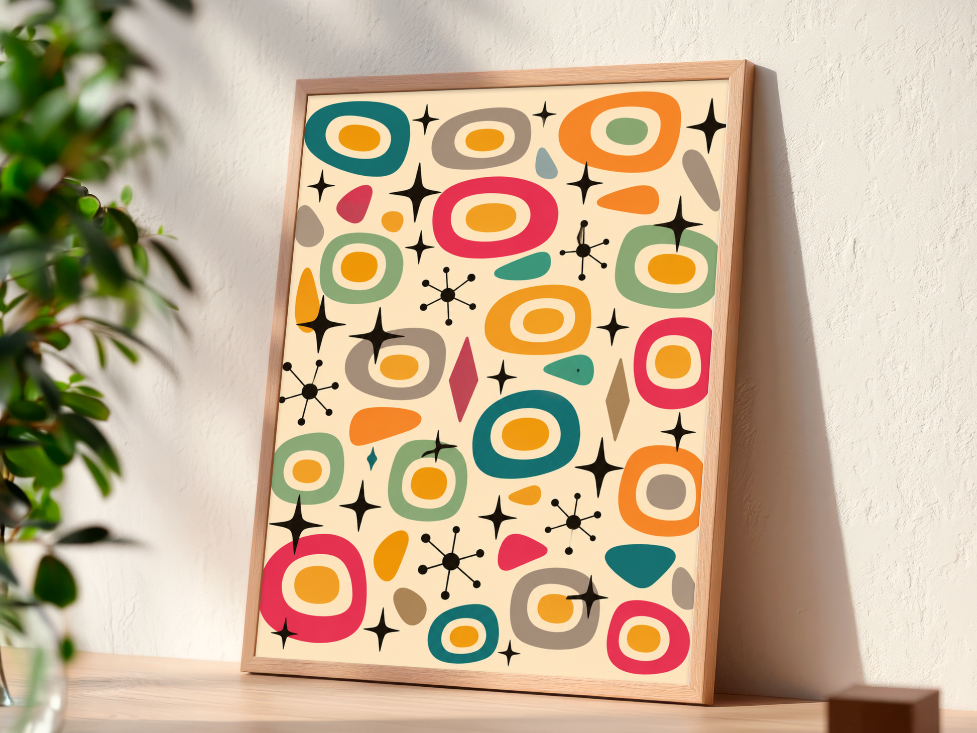 Mid Century Atomic Shape Print in mid century by classic Atomic Age design. Featuring atomic shapes and a retro mid century modern design. this artwork is designed for living rooms, bedrooms, home offices and gallery walls. Available as premium wall art and framed print