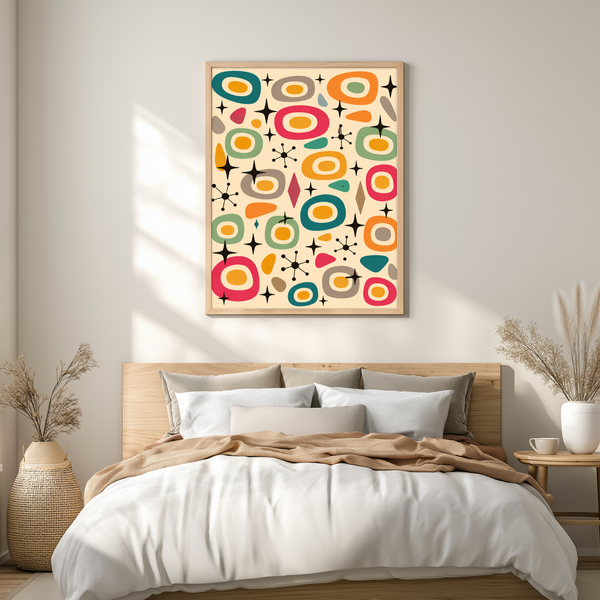 Mid Century Atomic Shape Print in mid century by classic Atomic Age design. Featuring atomic shapes and a retro mid century modern design. this artwork is designed for living rooms, bedrooms, home offices and gallery walls. Available as premium wall art and framed print