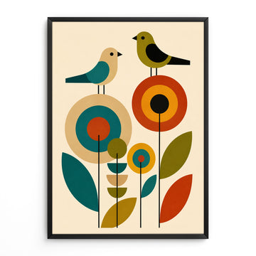Mid-century modern art print featuring three stylized birds perched on geometric blocks above retro 70s folk flowers in warm shades of orange, yellow, teal, and olive green.