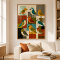 mid century modern, geometric bird sillustration design with nine stylized birds in various colors like teal, orange, yellow, red, green, and beige, set against a white background.