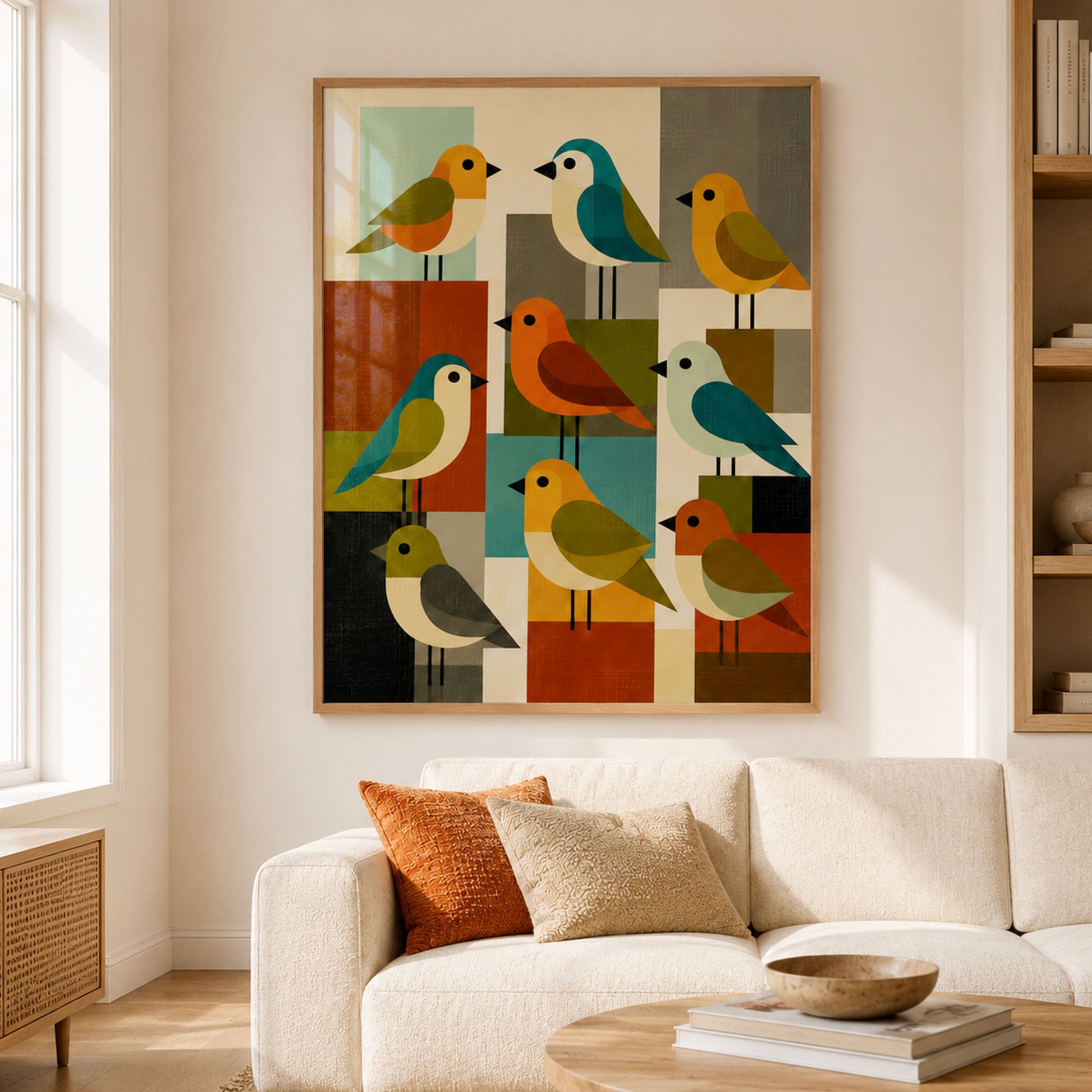 mid century modern, geometric bird sillustration design with nine stylized birds in various colors like teal, orange, yellow, red, green, and beige, set against a white background.