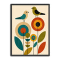 Mid century birds art print featuring a mid-century modern geometric design with two birds and stylized flowers in teal, orange, olive green, beige, and black on a cream background.