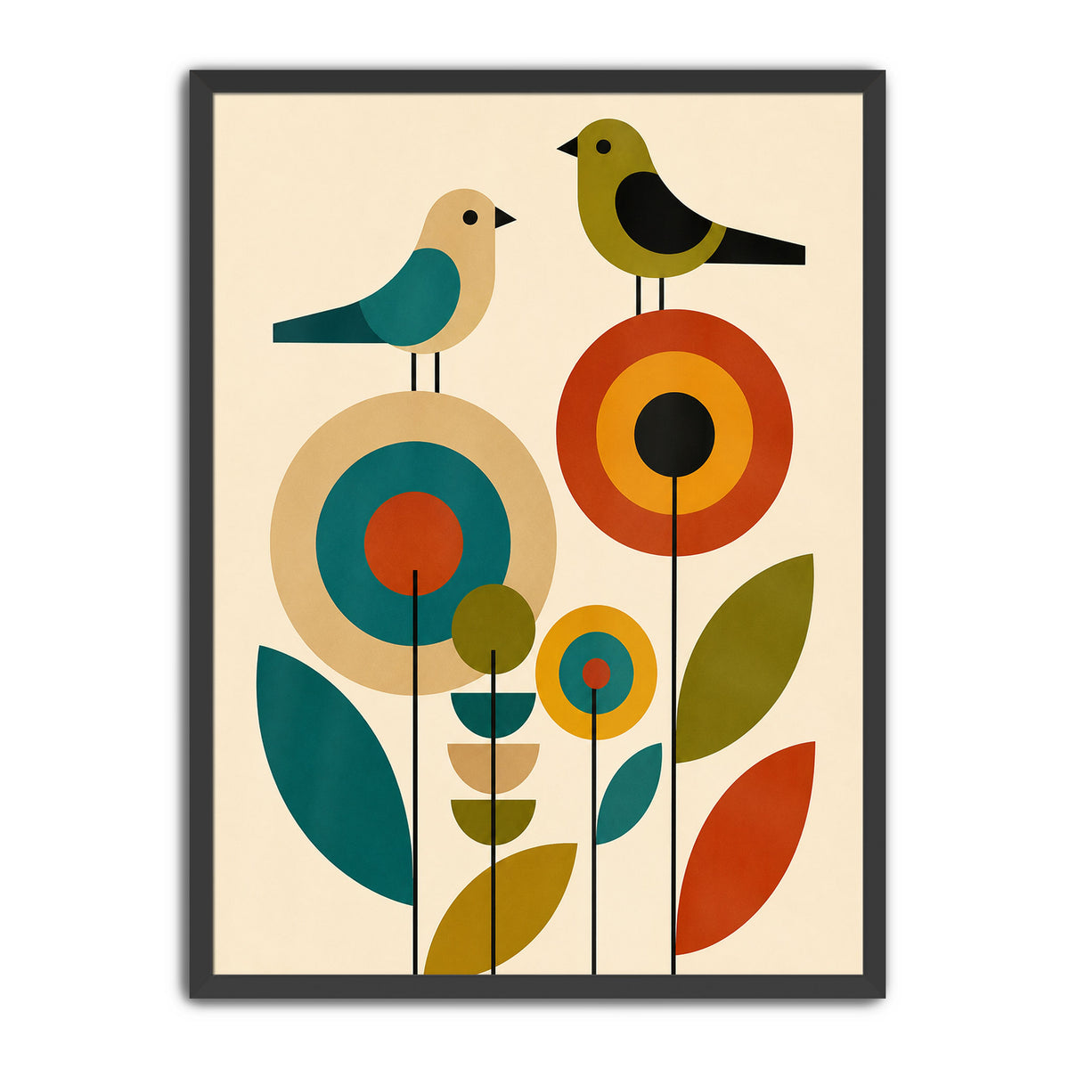 Mid century birds art print featuring a mid-century modern geometric design with two birds and stylized flowers in teal, orange, olive green, beige, and black on a cream background.