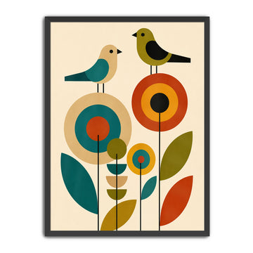 Mid century birds art print featuring a mid-century modern geometric design with two birds and stylized flowers in teal, orange, olive green, beige, and black on a cream background.