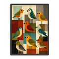 mid century modern, geometric bird sillustration design with nine stylized birds in various colors like teal, orange, yellow, red, green, and beige, set against a white background.