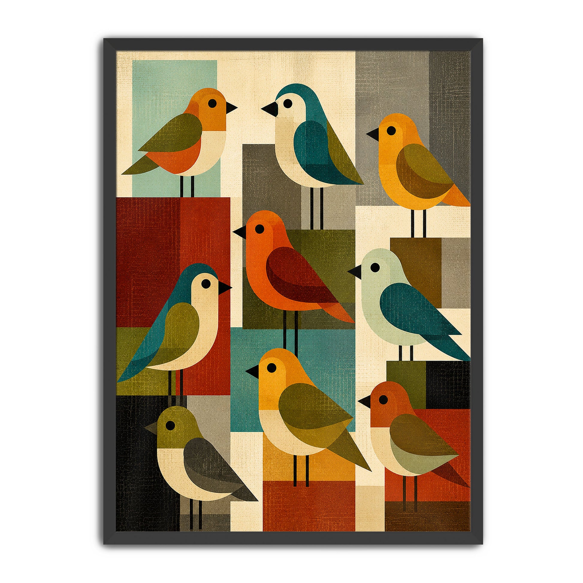 mid century modern, geometric bird sillustration design with nine stylized birds in various colors like teal, orange, yellow, red, green, and beige, set against a white background.