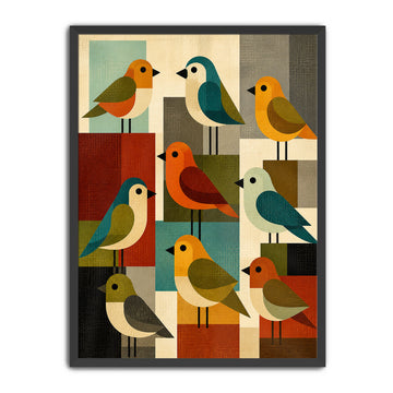 mid century modern, geometric bird sillustration design with nine stylized birds in various colors like teal, orange, yellow, red, green, and beige, set against a white background.