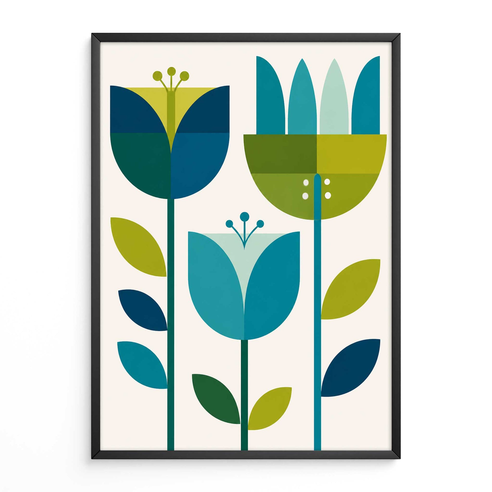 Mid Century Print Scandi Blue Tulips Poster. Available as premium wall art and framed prints.