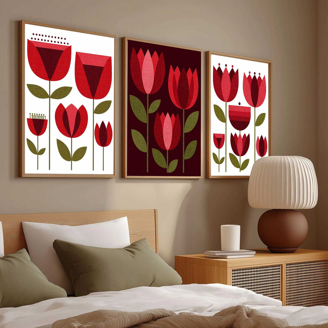 Set of three retro tulip wall art prints with geometric red and burgundy flowers and olive green leaves
