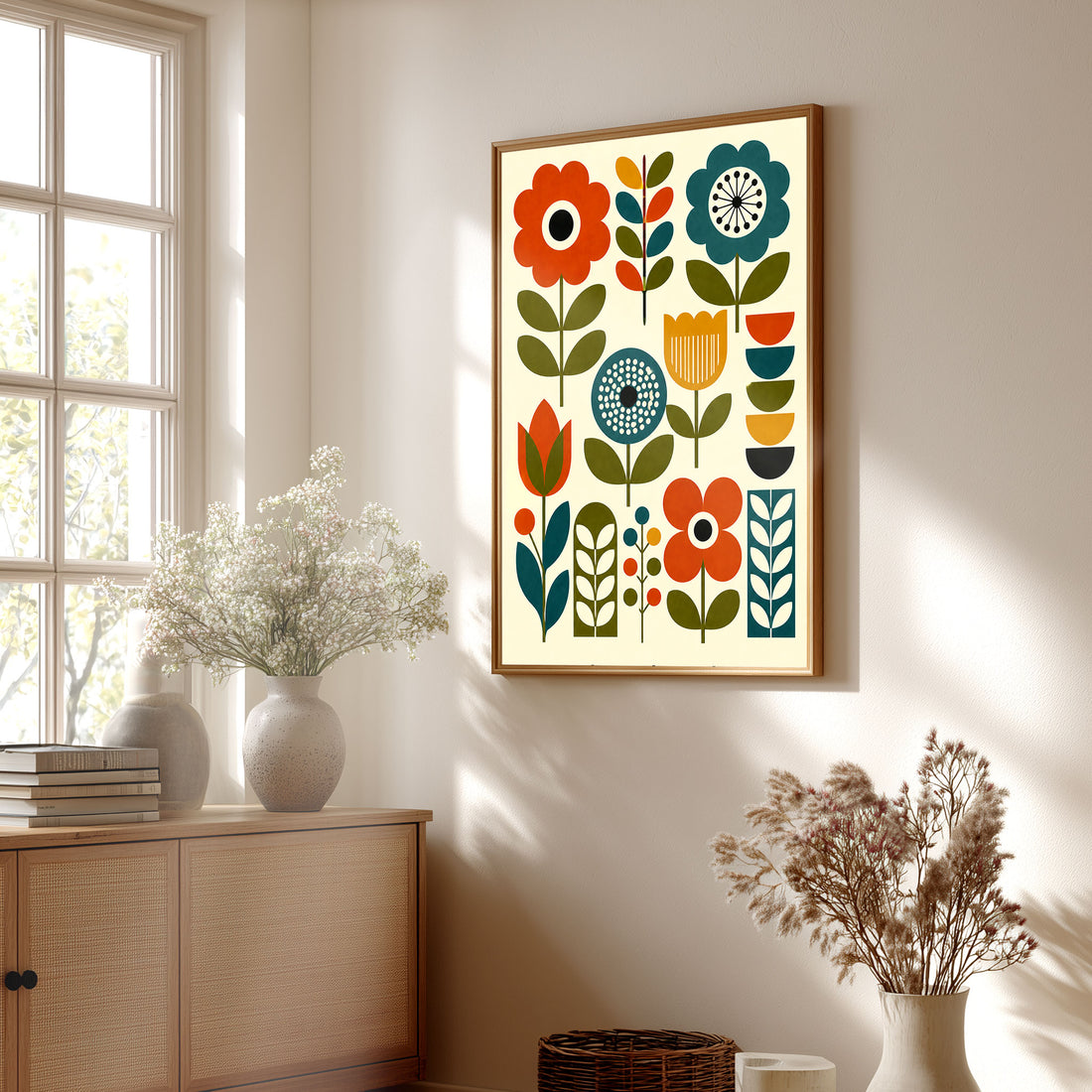 Mid century print floral botanical print orange anf green retro poster