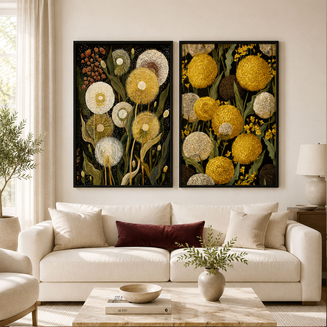 Yellow Dandelion Floral Wall Art Set of 2