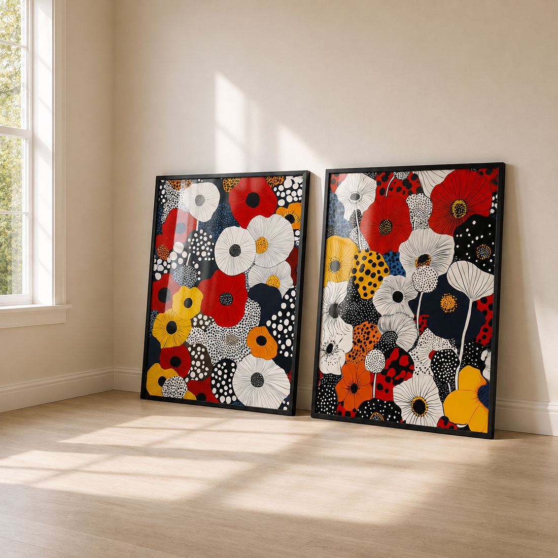 Set of 2 colourful floral wall art prints with bold red, yellow, white, blue and black flowers. Modern flower prints for living rooms and bedrooms.