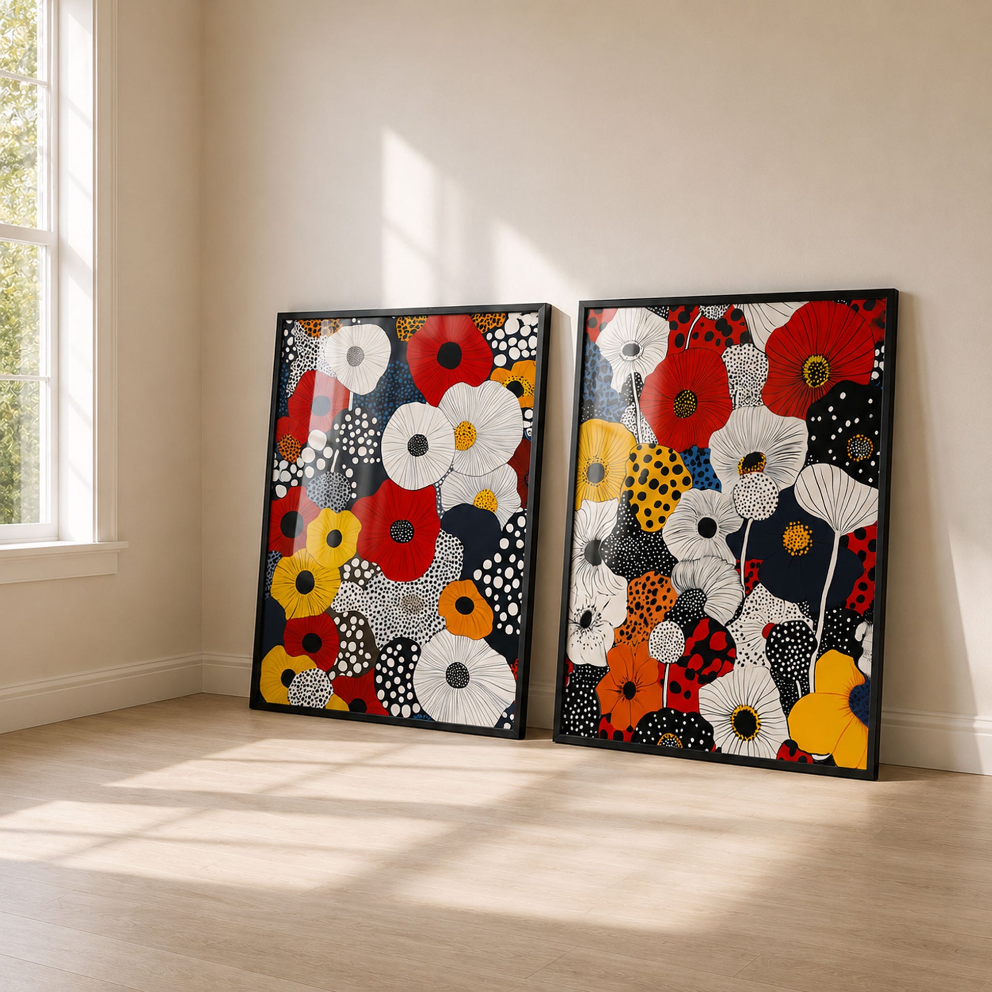 Set of 2 colourful floral wall art prints with bold red, yellow, white, blue and black flowers. Modern flower prints for living rooms and bedrooms.