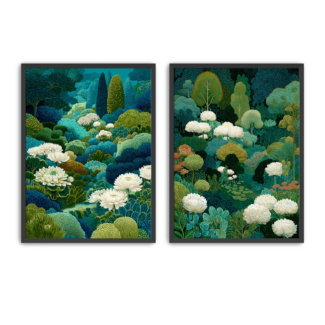 
Green botanical wall art set of 2 with white flowers and lush garden foliage
