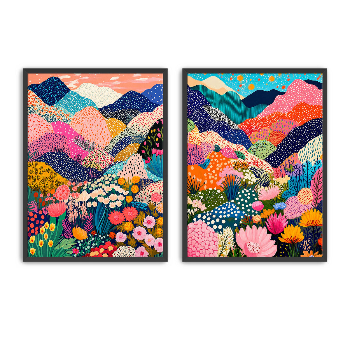 Set of 2 colourful mountain wall art prints with wildflowers, rolling hills and bright botanical landscapes for living rooms and bedrooms.