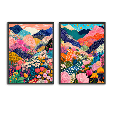 Set of 2 colourful mountain wall art prints with wildflowers, rolling hills and bright botanical landscapes for living rooms and bedrooms.