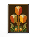 mid century modern graphic art print featuring three large geometric tulips in warm terracotta, ochre yellow, and cream petals with olive green leaves on a dark chocolate brown background enclosed by an orange border frame.