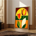 Retro 1970s style mid century modern graphic art print featuring two stylized tulip flowers with white outlines. The design uses bold color-blocked panels of mustard yellow, bright orange, deep forest green, and burgundy red framed inside a large geometric archway