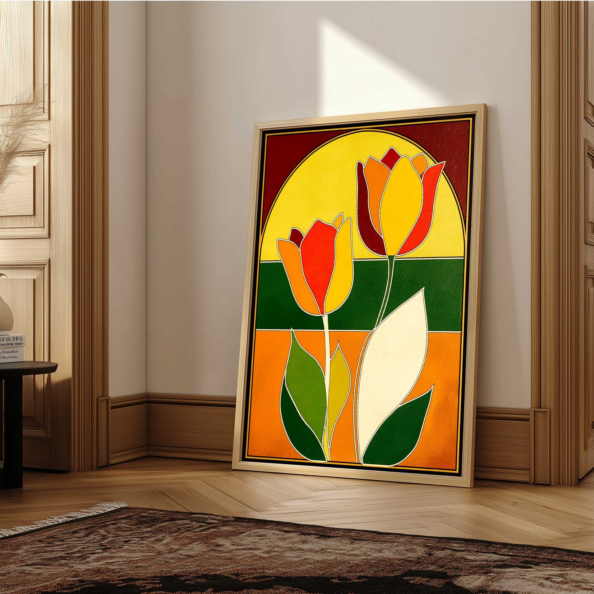 Retro 1970s style mid century modern graphic art print featuring two stylized tulip flowers with white outlines. The design uses bold color-blocked panels of mustard yellow, bright orange, deep forest green, and burgundy red framed inside a large geometric archway