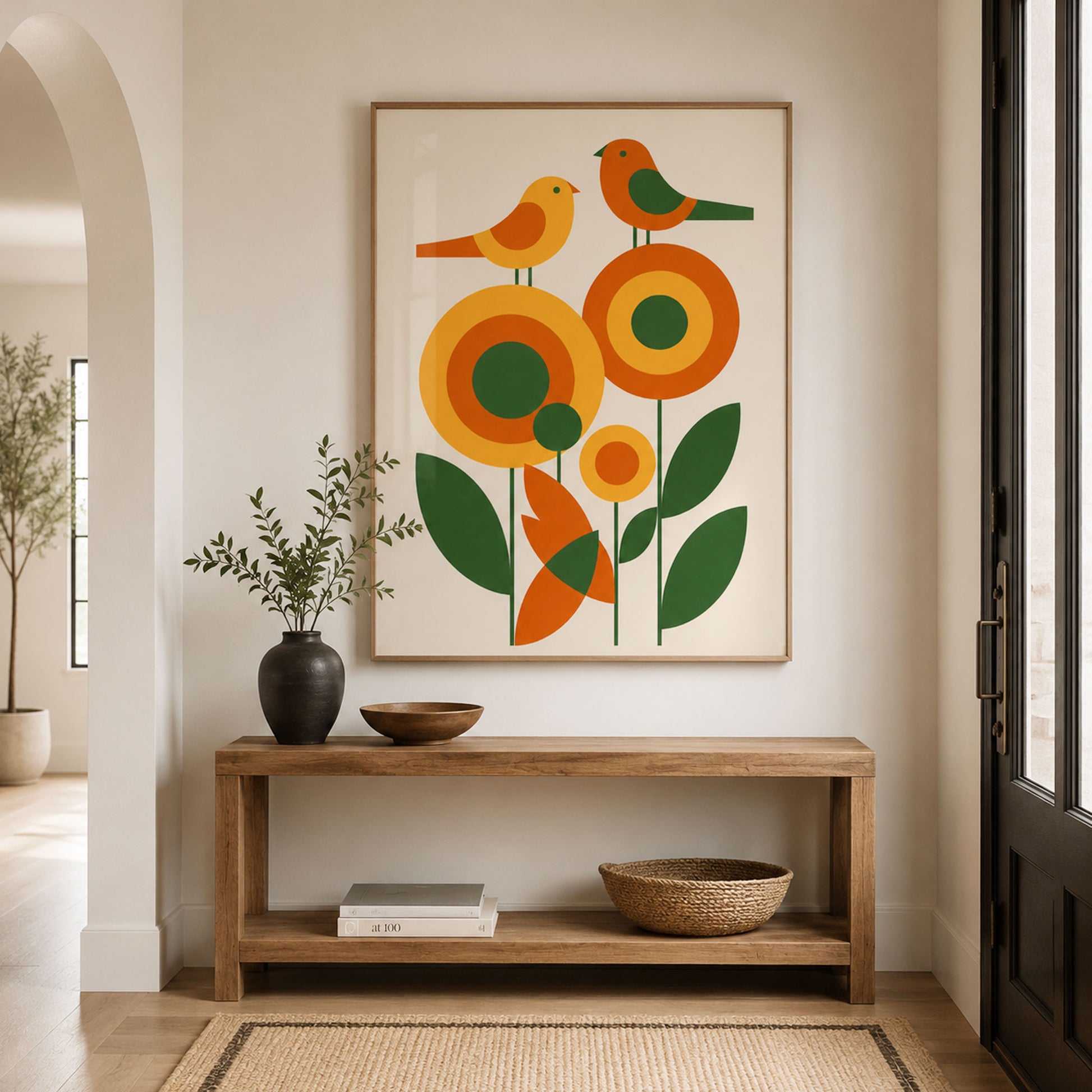70's retro mid century orange and green bird prints