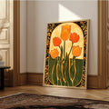 Mid century modern 1970s retro style art print featuring a bouquet of five stylized orange and yellow tulips on dark green leaves. The design sits inside a pale cream archway, framed by a thick black border decorated with swirling orange and gold floral patterns.