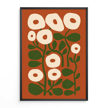 Mid Century Print Burnt Orange Floral Art. Available as premium wall art and framed prints.