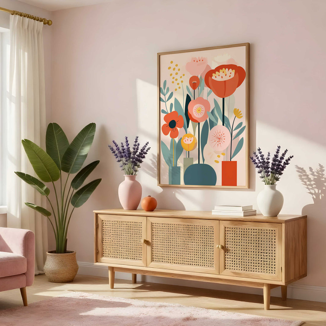 Retro Abstract Floral Wall Art, featuring mid-century flowers in red and pink colours. 