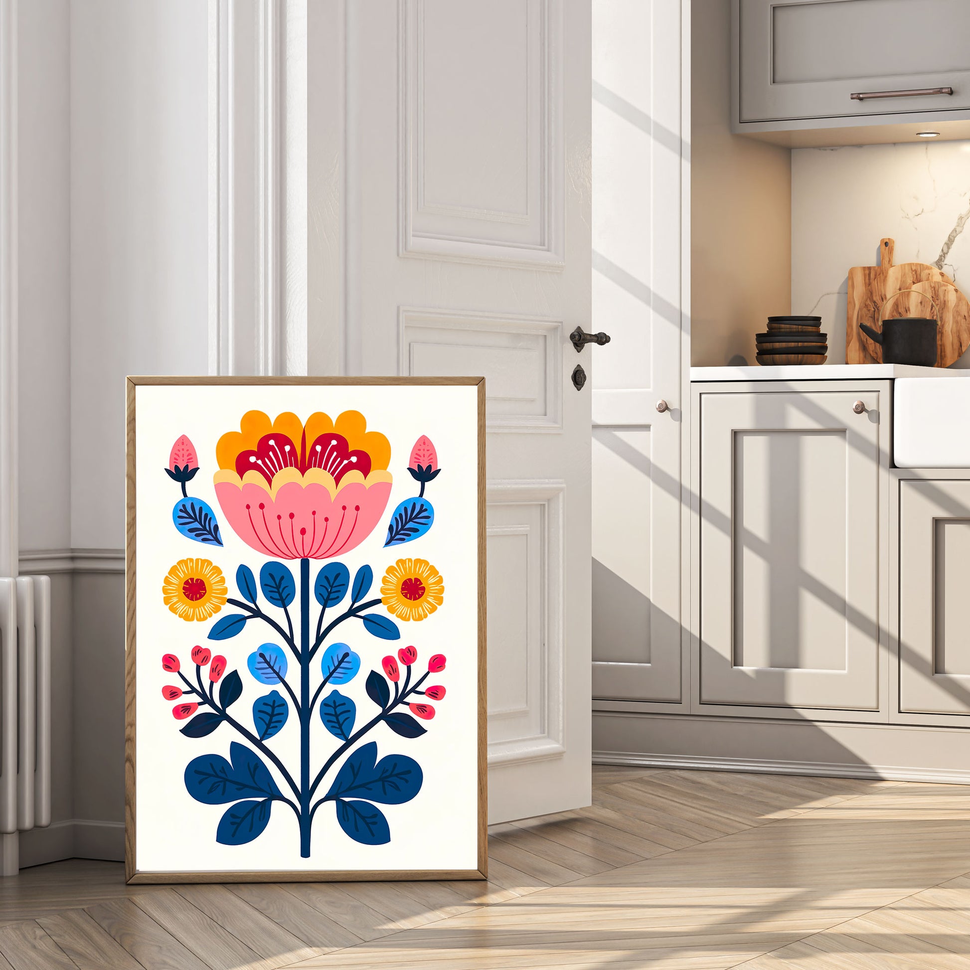Mid Century Print Nordic Folk Flower poster for living room, bedroom, kitchen decor