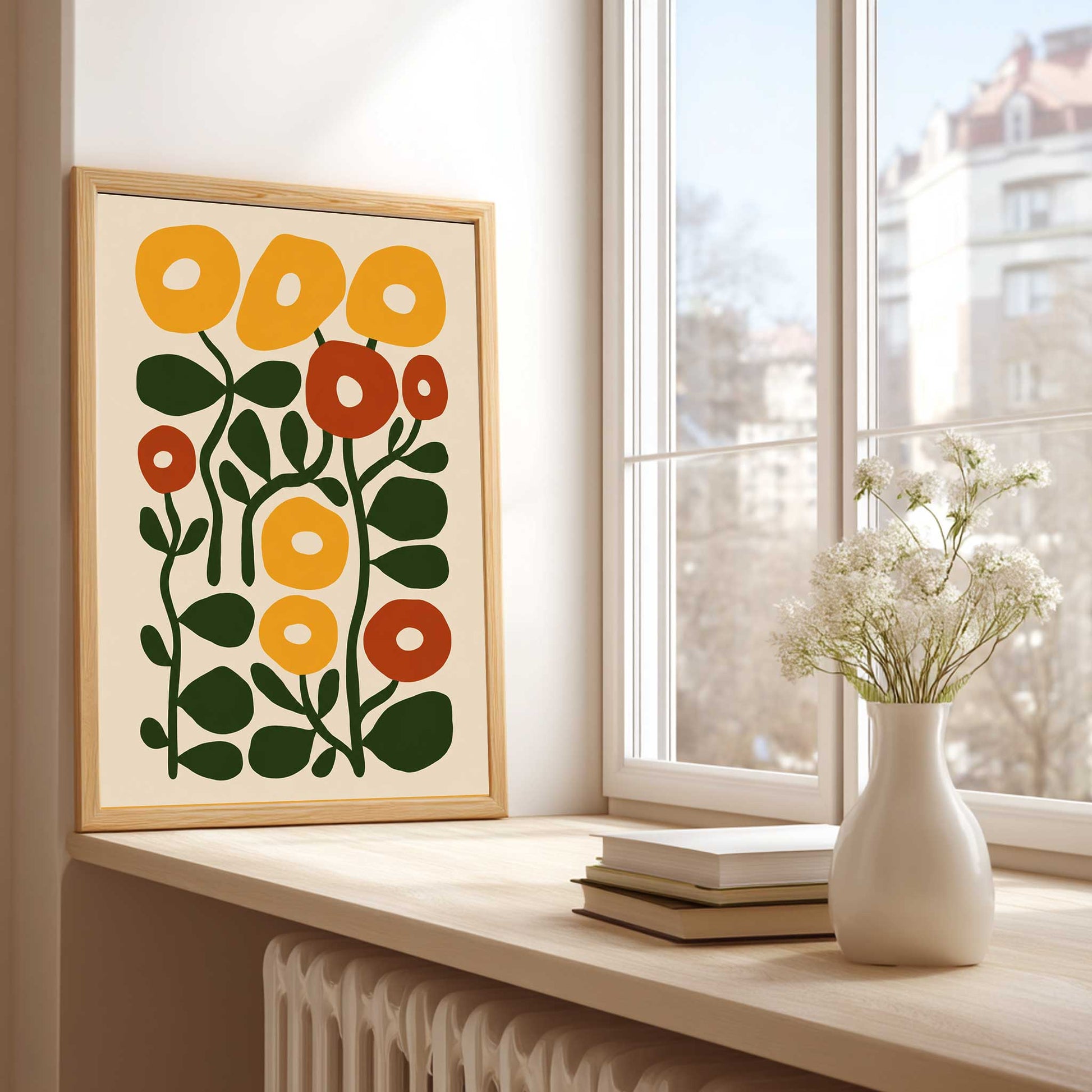 Mid Century Print Abstract Orange &amp; Yellow Flowers. Available as premium wall art and wood framed prints.