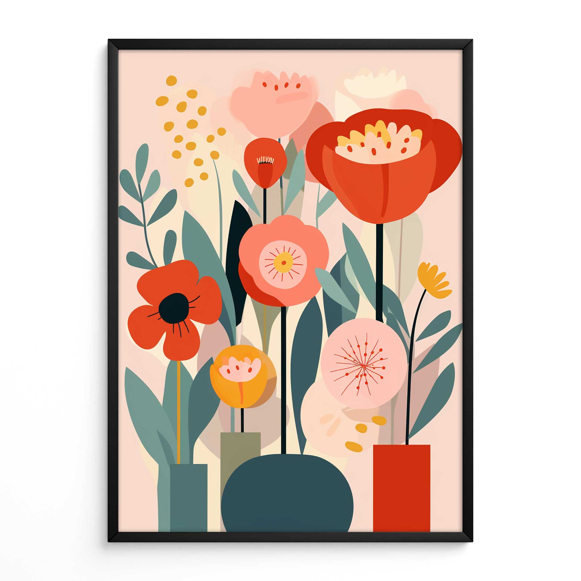 Retro Abstract Floral Wall Art, featuring mid-century flowers in red and pink colours. 