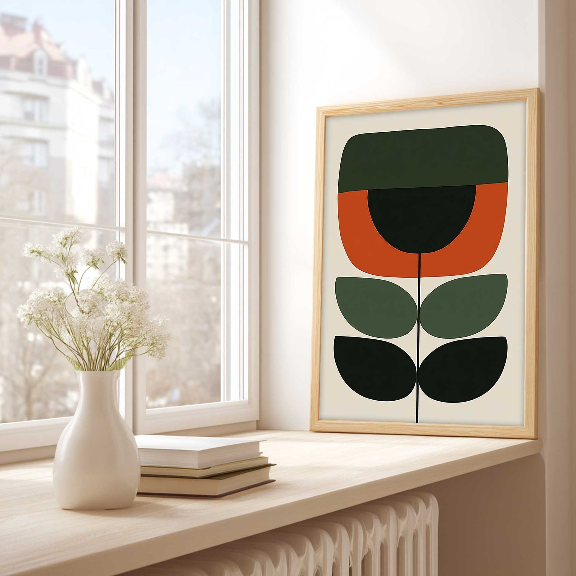 Geometric Scandi botanical print featuring a minimalist stylized flower stem in burnt orange, forest green, and black on a cream background.