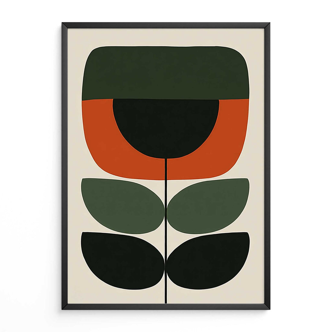 Geometric Scandi botanical art poster featuring a minimalist stylized flower stem in burnt orange, forest green, and black on a cream background.
