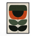 Geometric Scandi botanical art poster featuring a minimalist stylized flower stem in burnt orange, forest green, and black on a cream background.