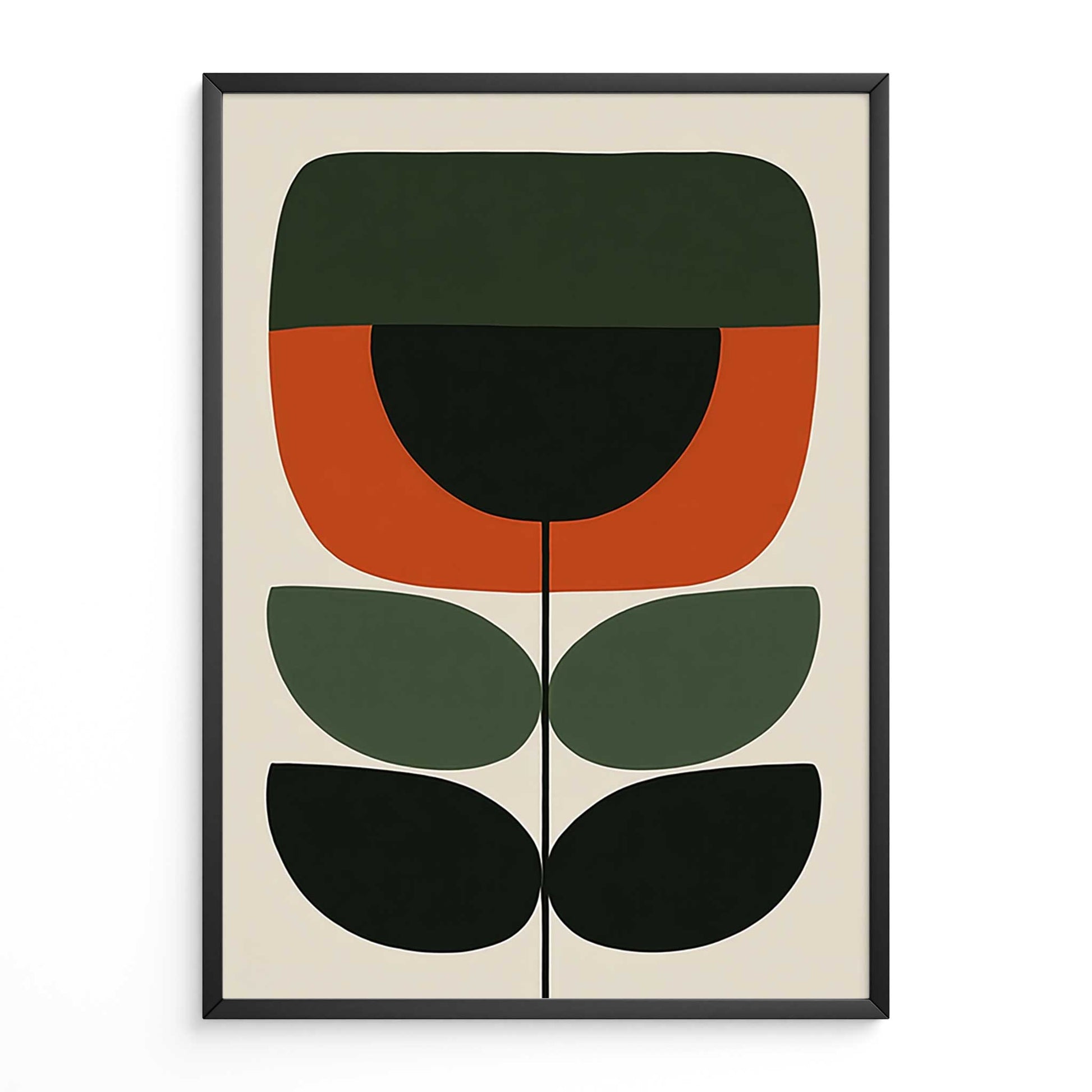 Geometric Scandi botanical art poster featuring a minimalist stylized flower stem in burnt orange, forest green, and black on a cream background.