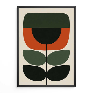 Geometric Scandi botanical art poster featuring a minimalist stylized flower stem in burnt orange, forest green, and black on a cream background.