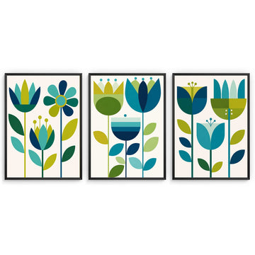 Mid Century Print Teal Tulip Set