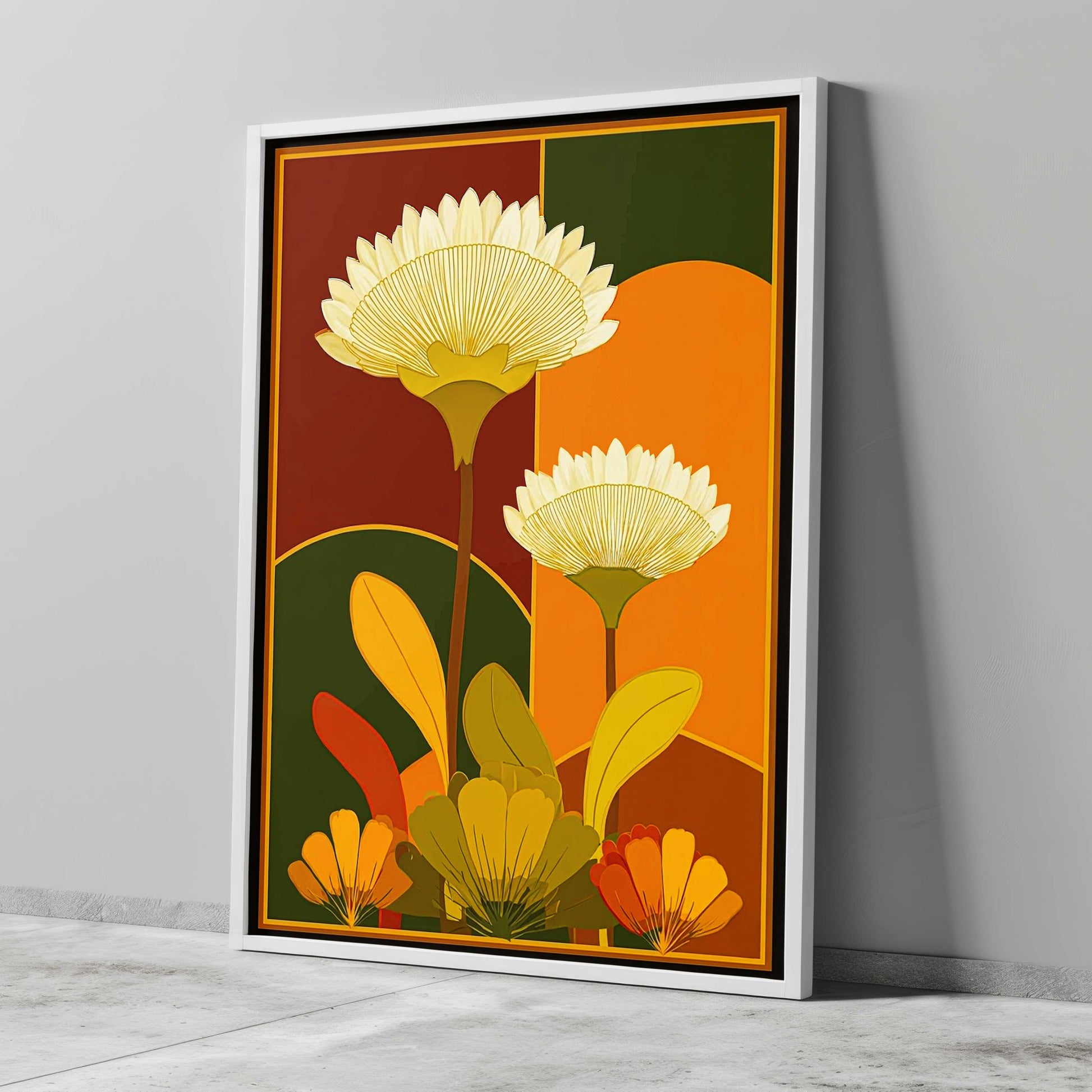 Mid century modern graphic wall art print featuring two large stylized cream flowers on tall stems with yellow, orange, and green leaves. The background shows geometric arches and color block panels in burgundy red, vibrant orange, and deep forest green with a thin gold border frame.