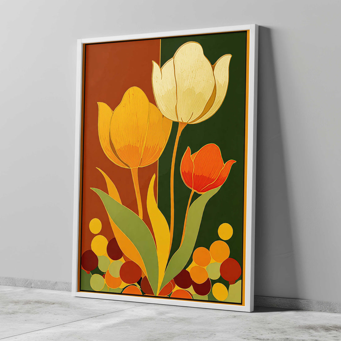 Vintage 1970s style mid century modern graphic art print featuring three stylized tulip flowers in yellow, cream, and orange with long flowing leaves. The backdrop is split vertically into burnt orange-brown and dark green panels, with a cluster of retro multi-colored circles arranged across the bottom border.
