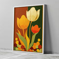 Vintage 1970s style mid century modern graphic art print featuring three stylized tulip flowers in yellow, cream, and orange with long flowing leaves. The backdrop is split vertically into burnt orange-brown and dark green panels, with a cluster of retro multi-colored circles arranged across the bottom border.