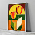 Retro 1970s style mid century modern graphic art print featuring two stylized tulip flowers with white outlines. The design uses bold color-blocked panels of mustard yellow, bright orange, deep forest green, and burgundy red framed inside a large geometric archway