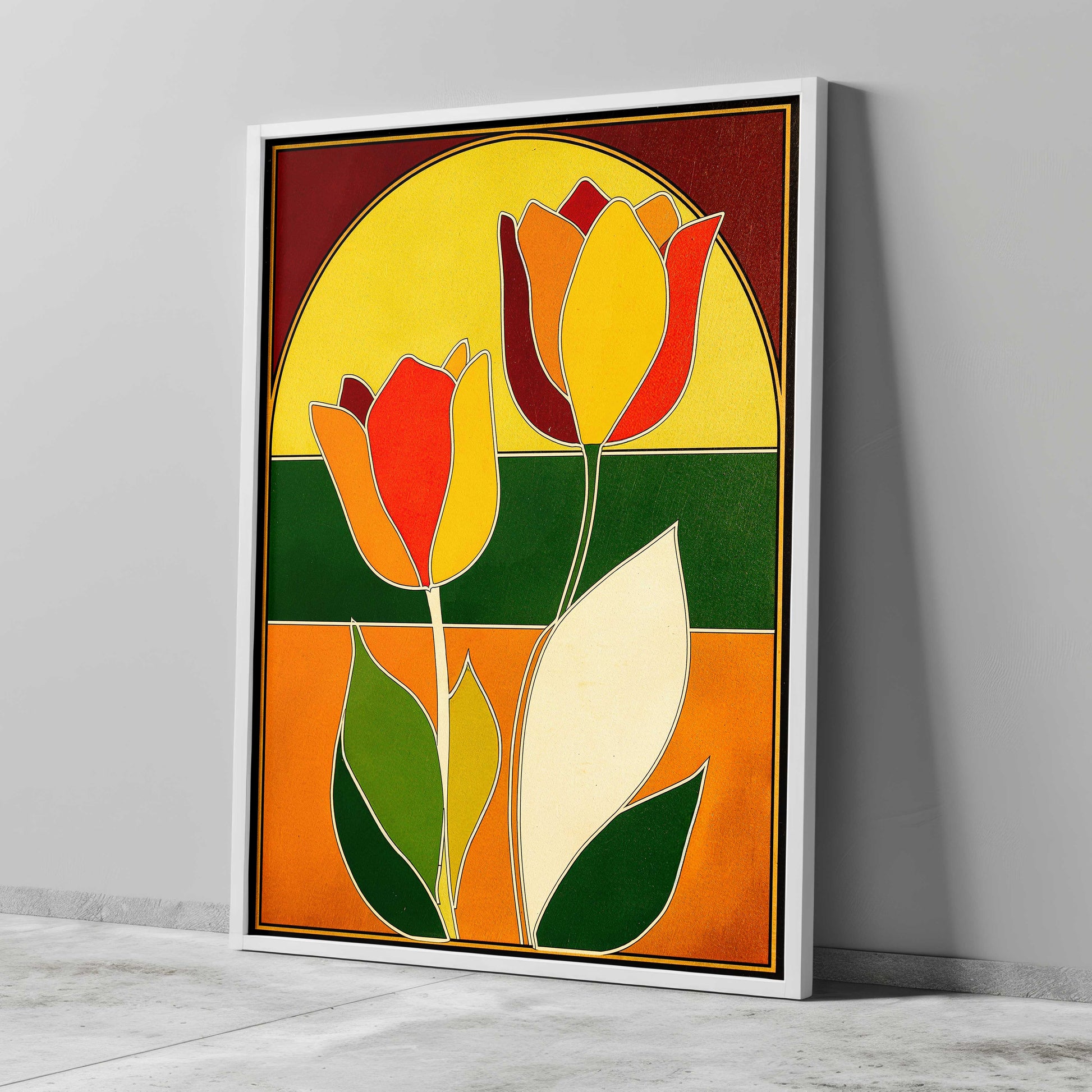 Retro 1970s style mid century modern graphic art print featuring two stylized tulip flowers with white outlines. The design uses bold color-blocked panels of mustard yellow, bright orange, deep forest green, and burgundy red framed inside a large geometric archway