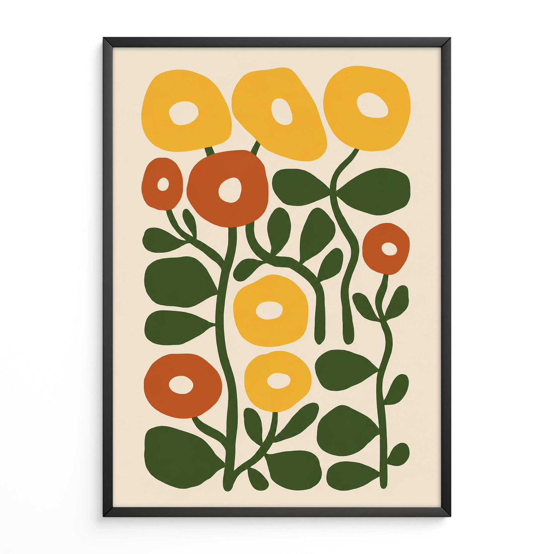 Mid Century Print Abstract Orange &amp; Yellow Flowers. Available as premium wall art and framed prints.