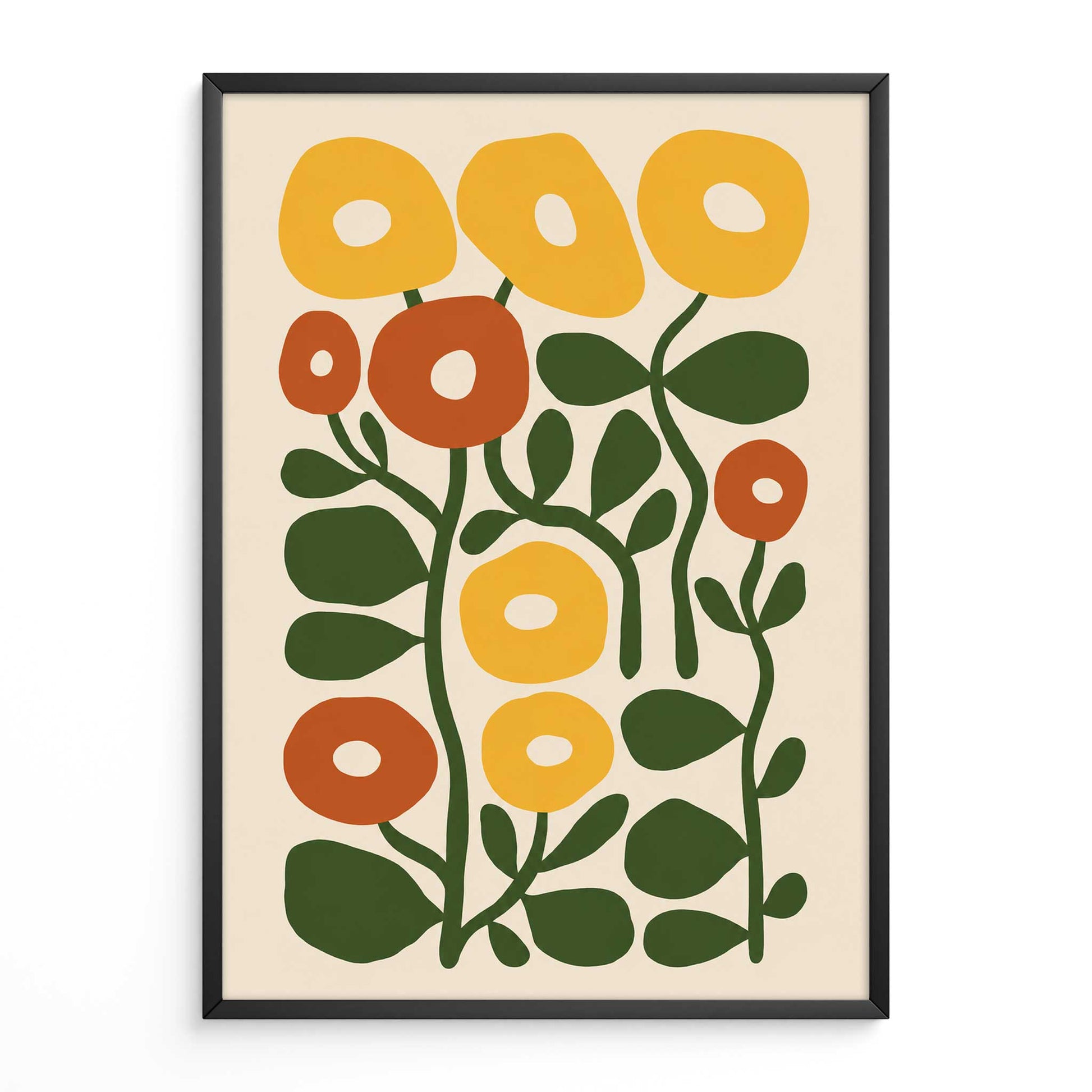 Mid Century Print Abstract Orange &amp; Yellow Flowers. Available as premium wall art and framed prints.