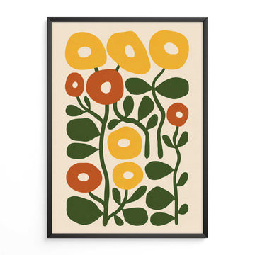 Mid Century Print Abstract Orange &amp; Yellow Flowers. Available as premium wall art and framed prints.