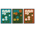 

70s Scandinavian floral wall art set of 3 with mid century modern folk flowers in teal, green, burnt orange and cream